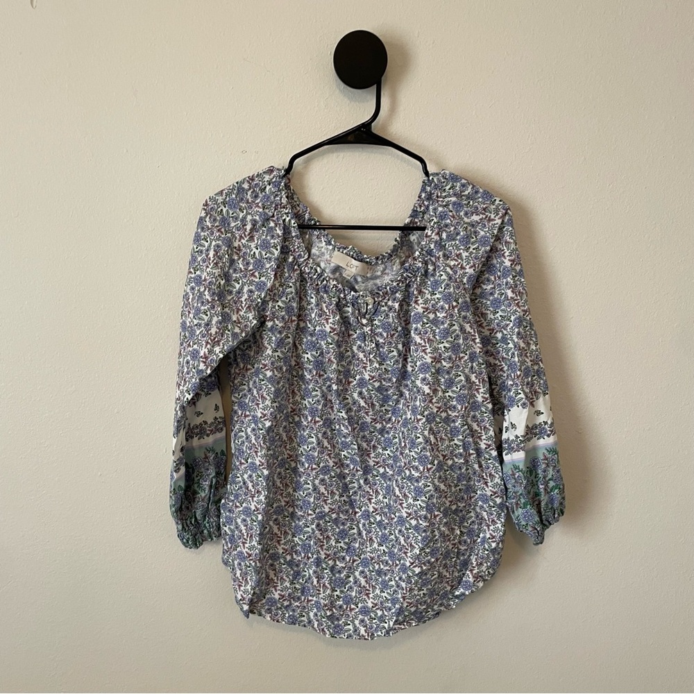 LOFT Women’s Blue White Floral Print Long Sleeve Blouse Top Size Small